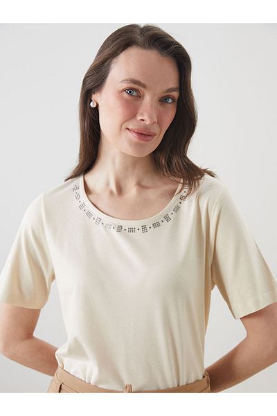 LC Waikiki Grace Beige Crew Neck Stoned Linen Blended Blouse