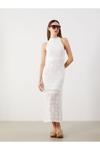 LC Waikiki Εκρού Ποδηλατική Λαιμόκοψη δαντελωτή πλέξη Πλεκτό Φόρεμα