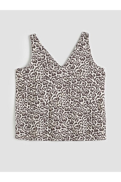 LC Waikiki V-Neck Leopard Patterned Linen Look Blouse
