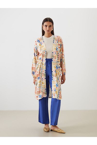 LC Waikiki Blue Shawl Collar Patterned Oversize Women's Kimono