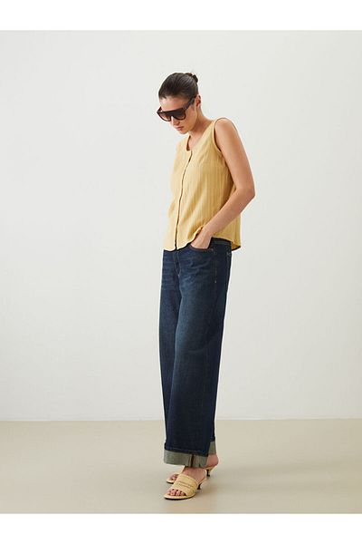 LC Waikiki Green U-Neck Textured Muslin Blouse