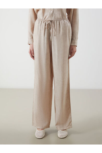 LC Waikiki Beige Elastic Waist Linen Look Women's Trousers