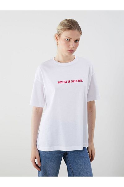 LC Waikiki White Crew Neck Printed Oversize Women's T-Shirt