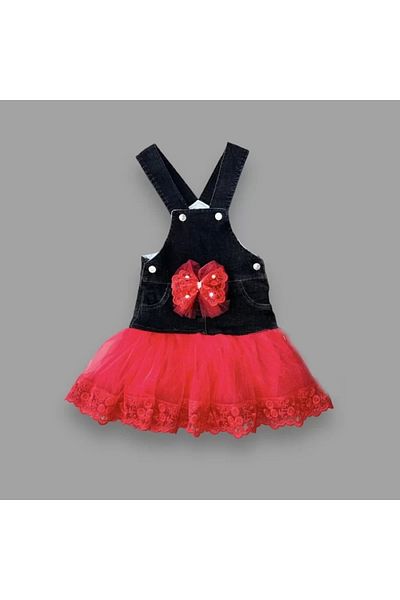 ALFA AKSESUAR 03 2-3-4 Years Old Bow Button Detailed Tulle Skirt Jeans Fabric Salopet Girl's Dress Black-red