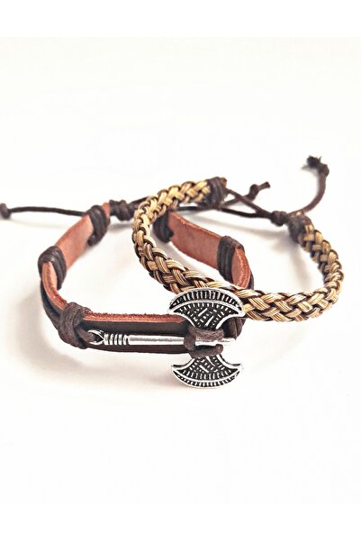 BSN Store Double Sided Fashion Ax Design 2-Pack Genuine Leather Bracelets