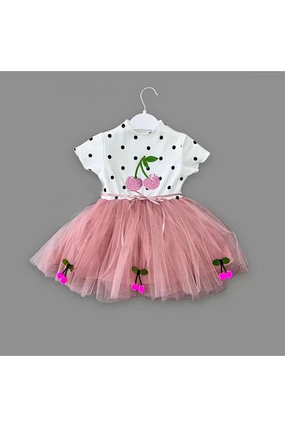ALFA AKSESUAR 03 1-2-3 Years Old Sequined Cherry Embroidered Cherry Skirt Baby Girl Tutu Dress Rose Dried