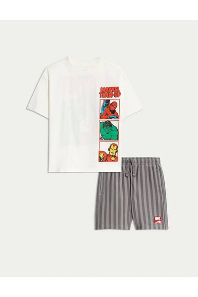 Kidmark Çocuk Modası Children's Unisex Marvel Printed 100% Cotton Summer Set