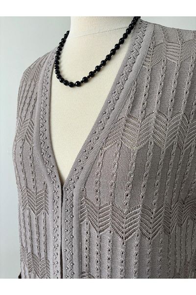 Özenli Triko Women's Stone Embroidered Mercerized Seasonal Knitwear Mother Vest Beige