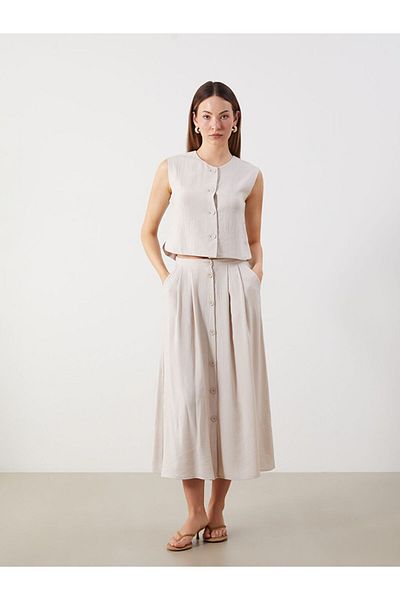LC Waikiki Beige Textured Pleated Skirt with Elastic Waist