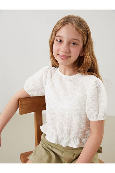LC Waikiki Ecru Crew Neck Ruffle Detailed Girl's T-Shirt