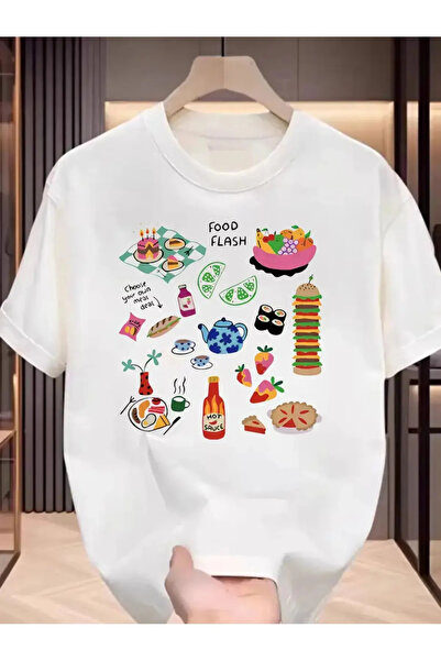 Koklonmoda تي شيرت كبير الحجم مطبوع عليه طعام للجنسين