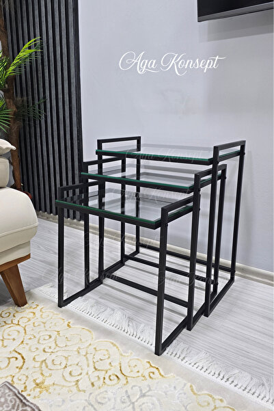 AGA KONSEPT 3'lü SİYAH Rana Sehpa, Şeffaf Camlı, Çok Amaçlı Zigon Sehpa, Yan ...