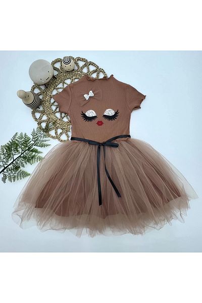 ALFA AKSESUAR 03 5-6-7 Years Old Sequined Fancy Face Printed Girl's Dress Brown