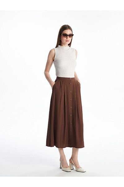 LC Waikiki Brown Textured Pleated Skirt with Elastic Waist
