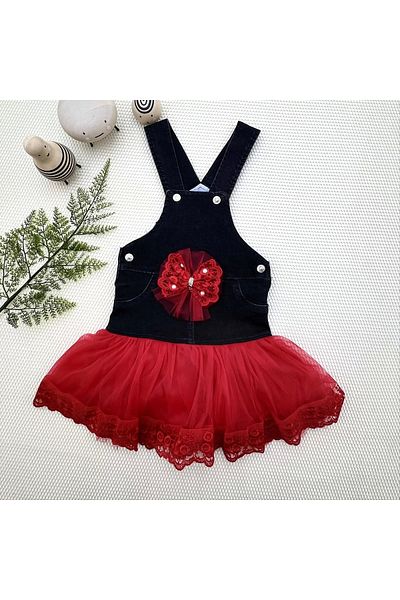 ALFA AKSESUAR 03 2-3-4 Years Old Bow Button Detailed Tulle Skirt Jeans Fabric Salopet Girl's Dress Black-red