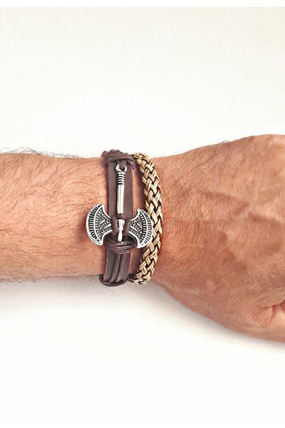BSN Store Double Sided Fashion Ax Design 2-Pack Genuine Leather Bracelets