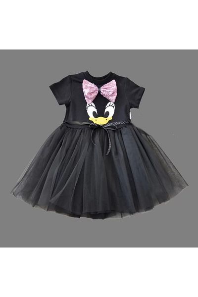 ALFA AKSESUAR 03 1-2-3 Years Old Sequin Bow Buckle Duck Embroidered Lined Baby Girl Tutu Dress Black