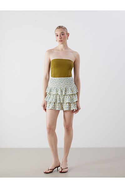 LC Waikiki Blue Floral Layered Pleated Mini Skirt with Elastic Waist
