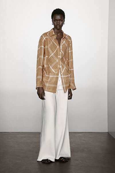 Massimo Dutti Dökümlü keten karışımlı kareli gömlek