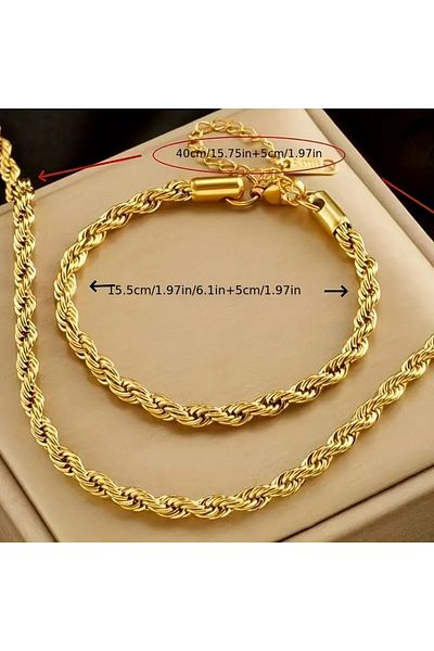 COOL LADIES Steel Twisted Rope Chain Necklace and Bracelet Set Gold – Stylish and Luxurious Design - Set of 2