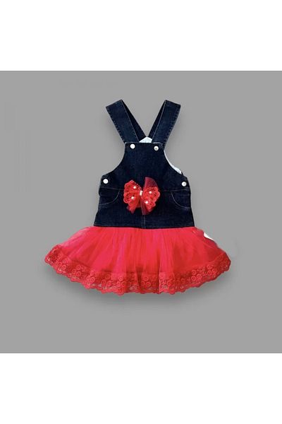 ALFA AKSESUAR 03 2-3-4 Years Old Bow Button Detailed Tulle Skirt Jeans Fabric Salopet Girl's Dress Navy Blue-red
