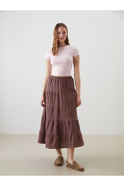 LC Waikiki Xside Brown Folded Skirt with Elastic Waist