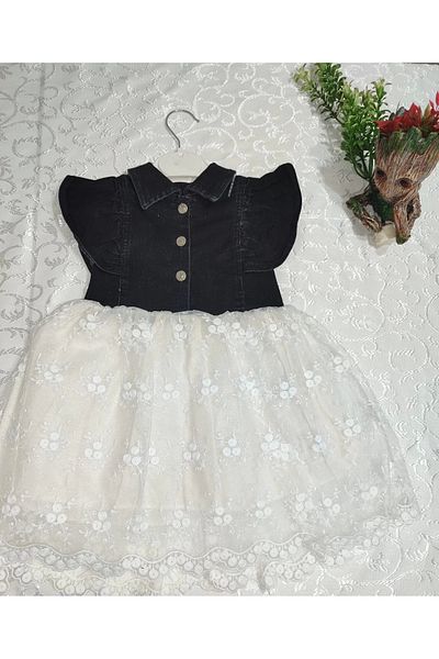ALFA AKSESUAR 03 2-3-4 Years Old Lined Brode Skirted Denim Fabric Buttoned Girl's Dress Black