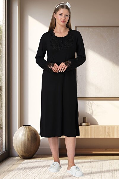 By Mecit Pijama Women's Long Sleeve Lace Detailed Lycra Nightdress