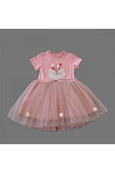 ALFA AKSESUAR 03 1-2-3 Years Old Tulle Bow Flowers Embroidered Lined Baby Girl Tutu Dress Powder