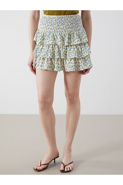 LC Waikiki Blue Floral Layered Pleated Mini Skirt with Elastic Waist