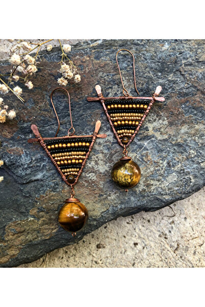 MODA Kaplan Gözü Doğal Taşlı El Yapımı Bakır Tel Sarma Küpe