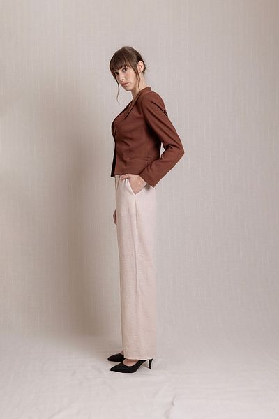 Volanlı Linen Pleli Palazzo Beige Trousers