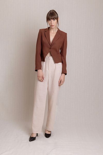 Volanlı Linen Pleli Palazzo Beige Trousers