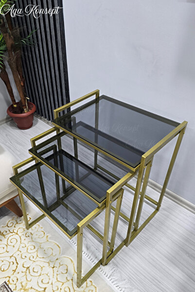 AGA KONSEPT 3'lü GOLD Rana Sehpa, FÜME Camlı, Çok Amaçlı Zigon Sehpa, Yan Seh...