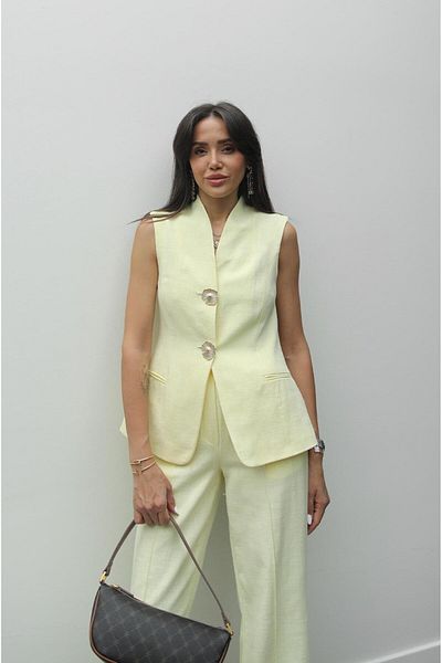 Havoş Light Yellow Tulipa Vest Trousers Linen Suit