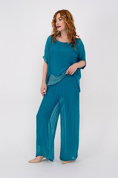 EREN STYLE Italian Bat Sleeve Sequin Silk Blouse Pants Suit