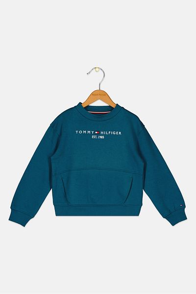 Tommy Hilfiger Kids Boy Crew Neck Long Sleeve Embroidered Logo Sweatshirts, Teal Blue