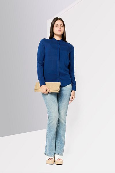 Harmont & Blaine Women Mock Neck Long Sleeves Plain Blouse, Navy