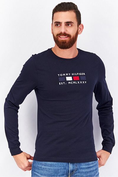 Tommy Hilfiger Men Crew Neck Long Sleeve Embroidered Logo T-Shirt, Navy Combo