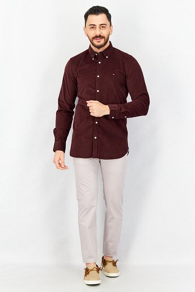 Tommy Hilfiger Men Slim Fit Corduroy Long Sleeve Casual Shirt, Brown