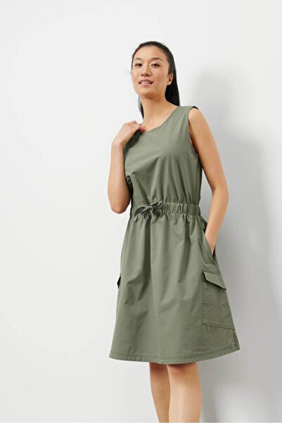 Tchibo Women Solid Midi A-Line Dress, Olive
