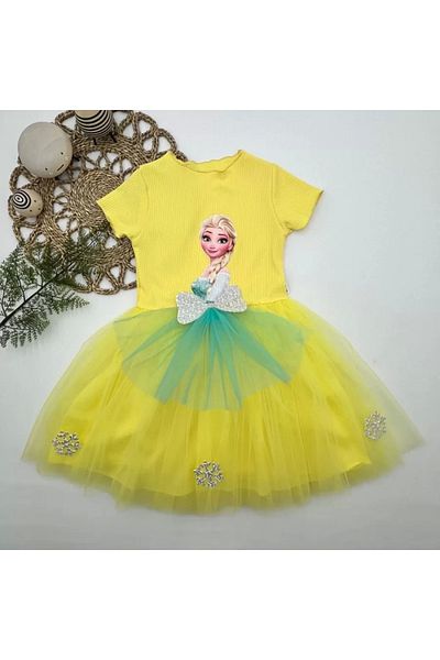 ALFA AKSESUAR 03 5-6-7 Years Elsa Patterned Bow Tulle Skirt Lined Short Sleeve Girls Kids Tutu Dress Yellow