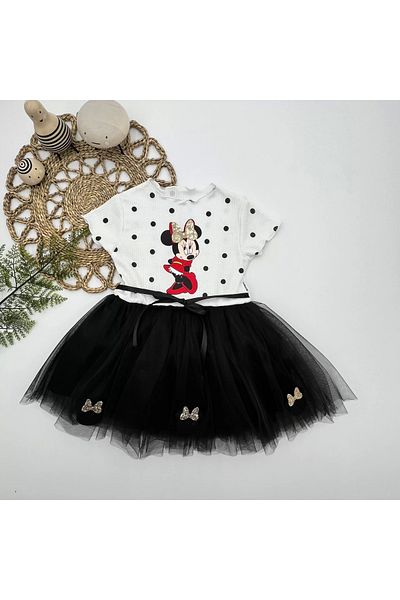 ALFA AKSESUAR 03 2-3-4 Years Old Polka Dot Mickey Printed Ribbon Belted Lined Baby Girl Tutu Dress Black