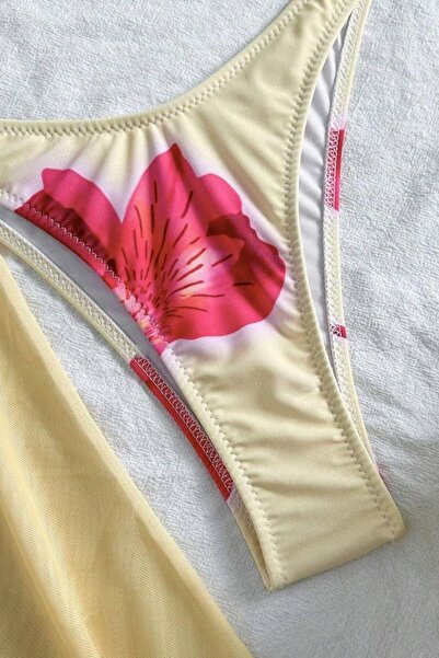 Kelebeklingerie 3Parça Desenli Kaplı Bikini Pareo Takımı