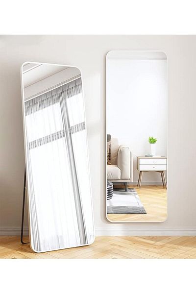 COOYA Rectangular Full Length Mirror,with Rounded Corners and White Metal Frame,155 x 45cm,White