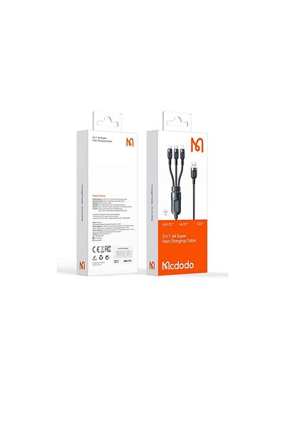 Mcdodo Cablu Super Fast Charging Lightning, MicroUSB si Type-C Grenade Series 3 in 1 Black