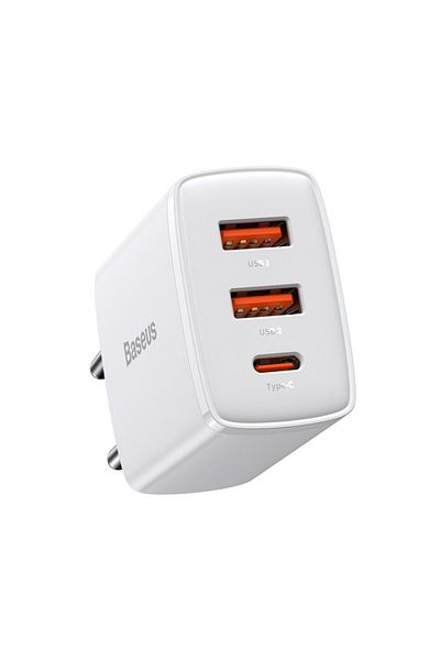 Baseus Compact Quick Charge 30w Network Charger, 2 X Usb 5v/3a, 1 X Usb Type-c 5v/3a, White