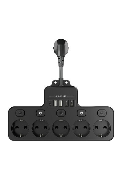 miraza Priza multifunctionala, 5 x Prize 4000W, 2 x USB-C PD, 2 x USB, Intrerupator Individual, Ignifuga, P