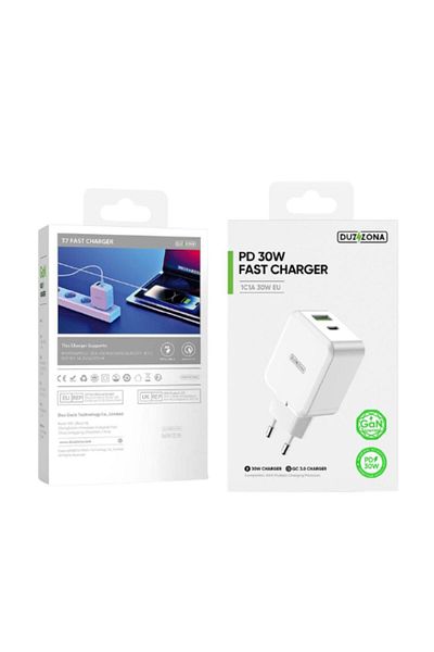 DUZZONA GaN Fast Charging Dual Port USB and Type-C Network Charger, 30W White