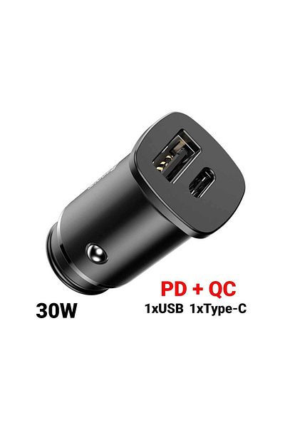 Baseus Car Charger Usb And Type-c Metal Dual Port 30w Black